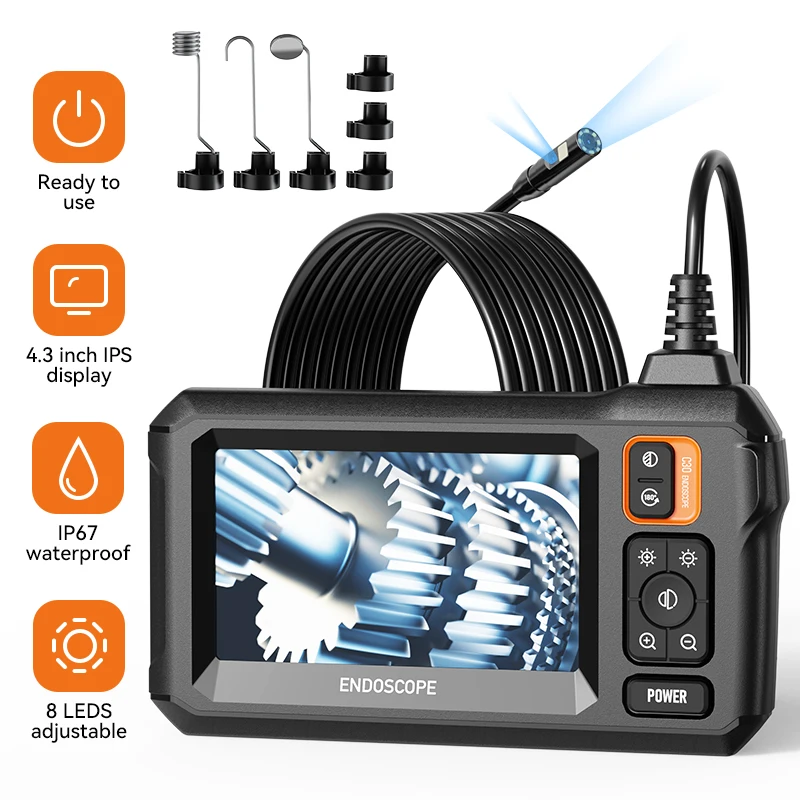 Dual&Single Lens Endoscope Camera with 1080P 8mm 4.3" IPS Screen IP67 Waterproof Car Pipe Inspection Borescope 2000mAh