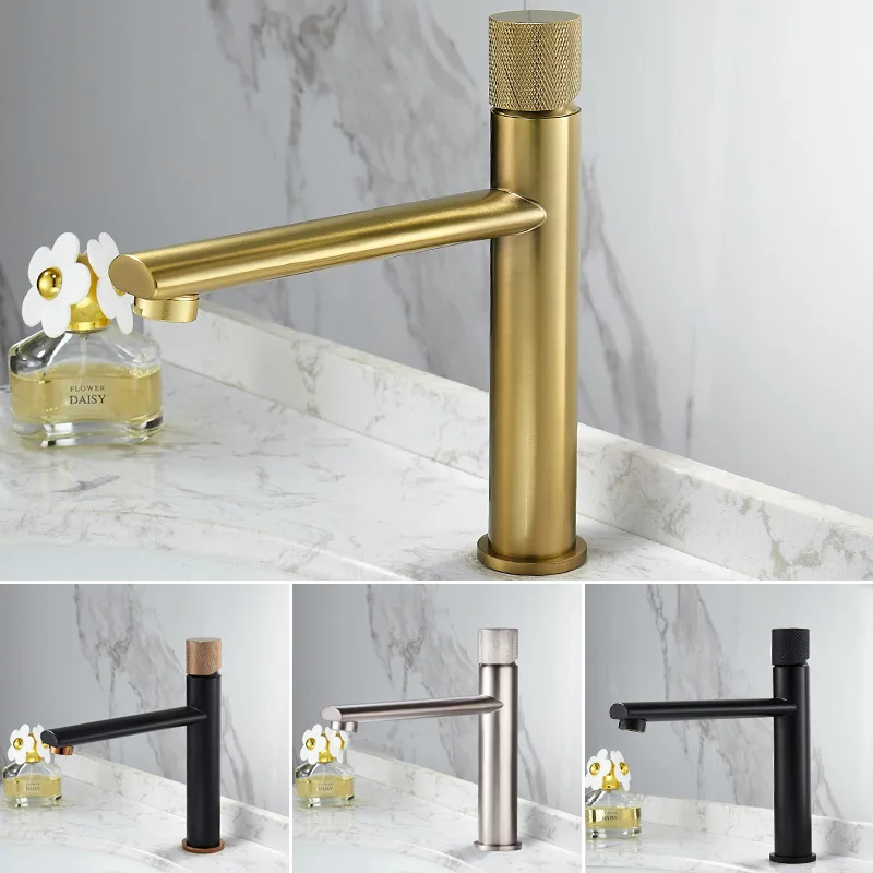 

Water Faucet Mixer Tap Hot Cold Deck Mount Single Knurled Handle One Hole Washbasin Bathroom Basin Swivel Knurling Knob Design