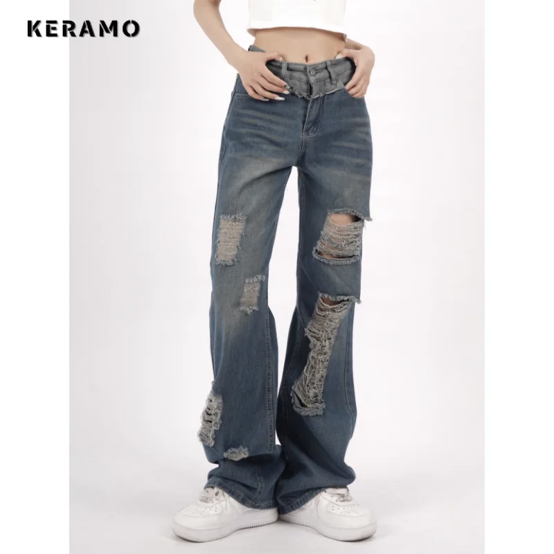 

2023 Summer Grunge High Waist Vintage Y2K Loose Jeans Pants Women's Wide Leg Baggy Ripped Streetwear Style Denim Trouser