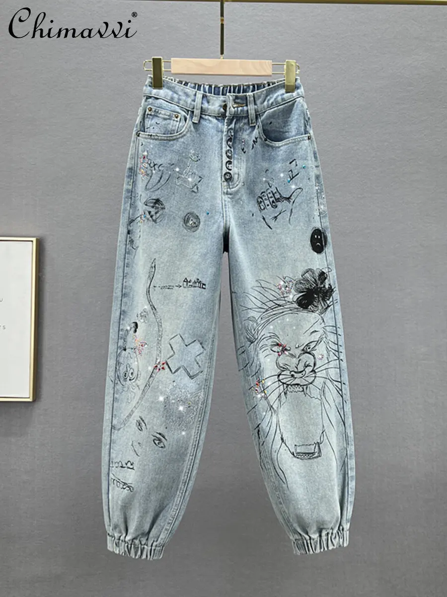 harem-jeans-female-2023-spring-new-fashion-high-waist-loose-slimming-european-goods-printed-rhinestones-daddy-baggy-pants