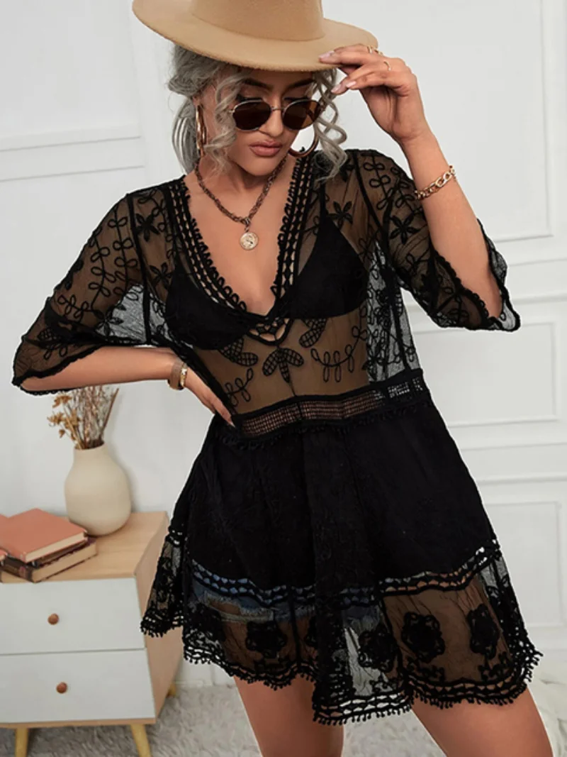Lace Outerwear Bikini Smock, Perspective Sun Protection Shirt Vacation Hot Spring Shirt Short Pullover Mesh Sun Protection Shirt