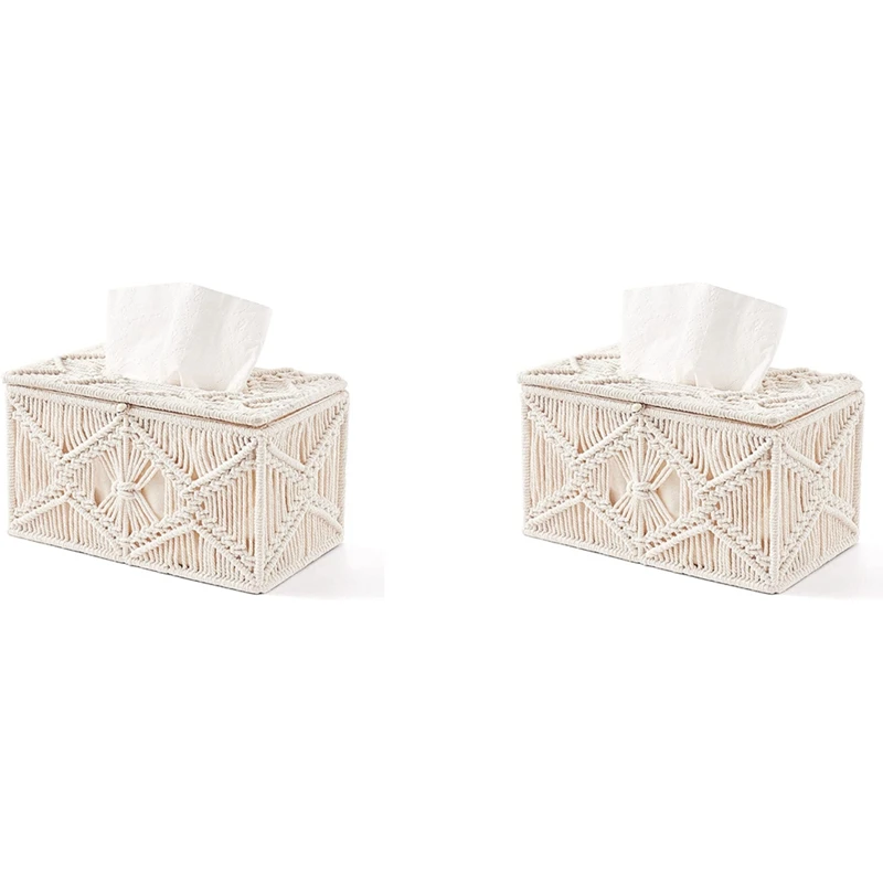 

2X Tissue Box Cover Boho Decor Rectangular Paper Tissue Holder With Bead Buckle Macrame Napkin Tissues Organizer