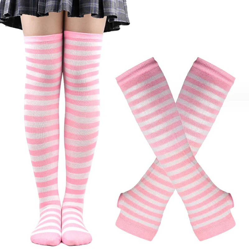 1 Set Women Girls Over Knee Long Stripe Thigh High Cotton Gothic Lolita Socks Arm Sleeve Gloves Sweet Cute Black Overknee Socks