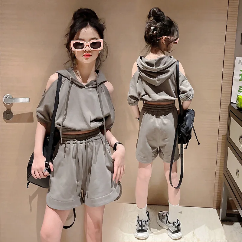 

Suit With Shorts For Girls 8 10 years Summer Outfit Off Shoulder Hoodies Stylish Teenagers Clothing Set