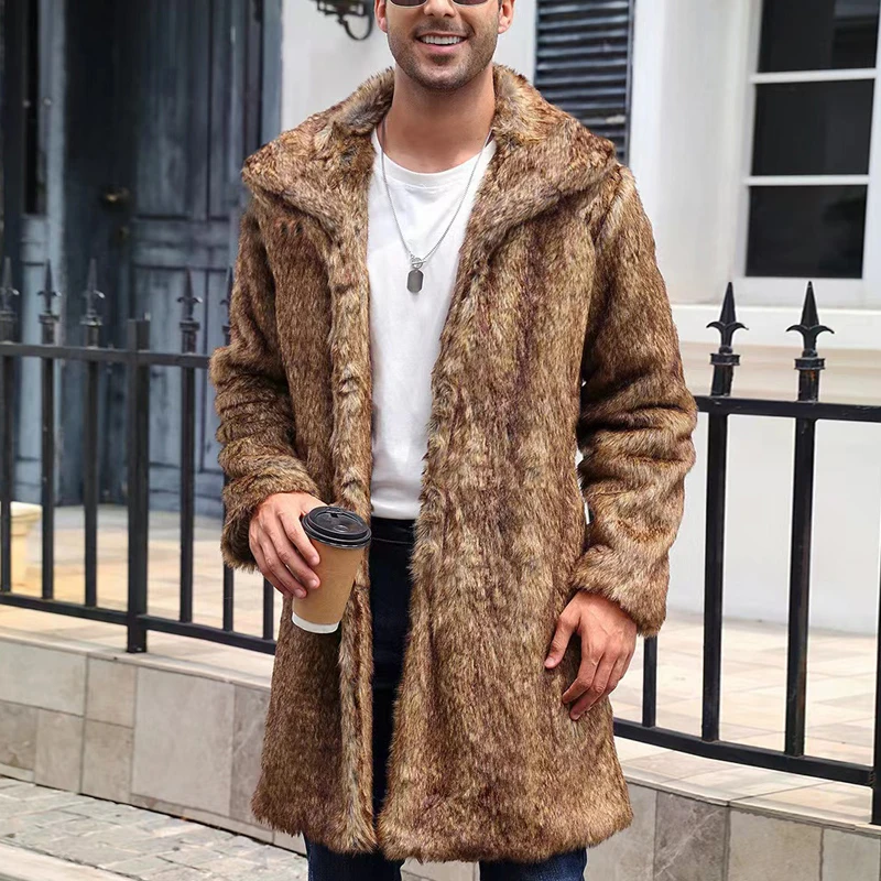 Autumn Winter New Overcoat Imitation Fur Men's Long Coat Long-sleeve Turm-down Collar Warm Cardigan Loose Windbreak