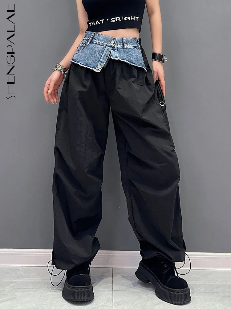 

SHENGPALAE Fashion Women's Cargo Pants Denim Patchwork Contrast Color Casual Versatile Straight Trousers Summer 2023 New 5R5215