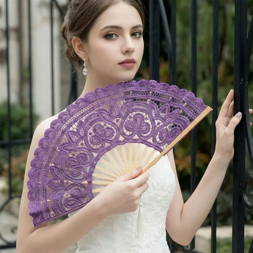 Handheld Fan Ribbed Lace Vintage Lace Hand Fan Hollow Ribs Tassel Pendant Embroidered ...