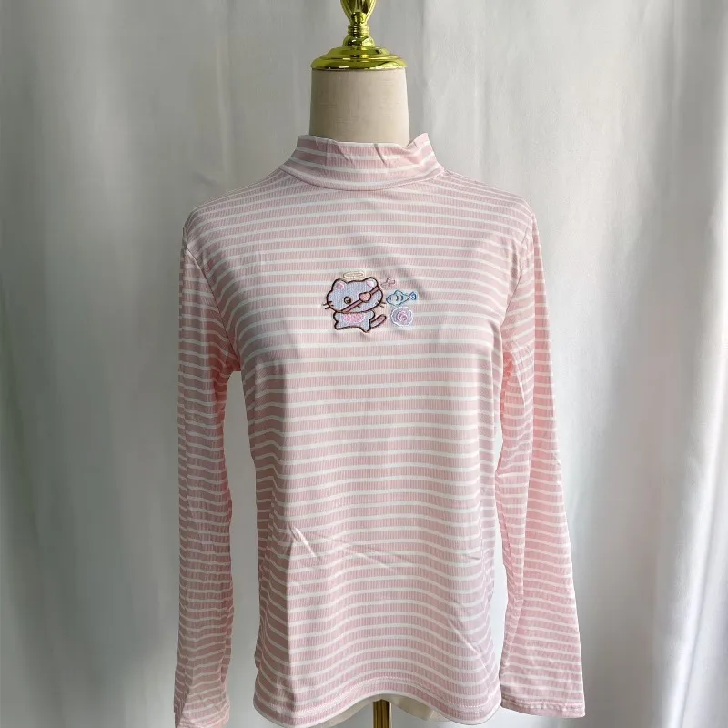 Ezgaga Women T Shirts Sweet Cartoon Cat Embroidery Long Sleeve Striped Turtleneck Neck Basic Autumn Winter Fashion Tops Y2k 4