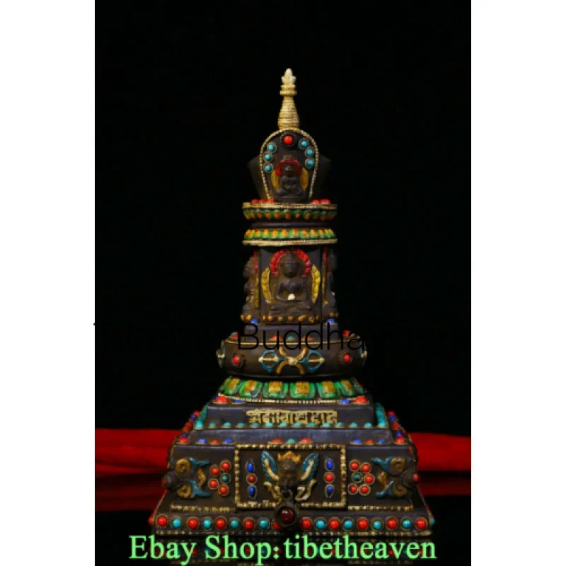 

9.2" Old Tibet Meteorite inlay Gems Shakyamuni Amitabha Buddha Pagoda Tower