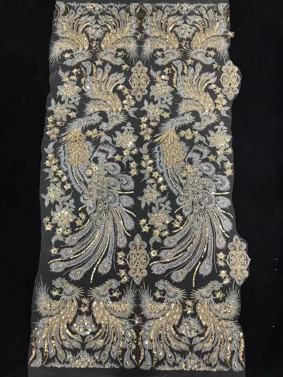 

French Bead Embroidery Tube with Sequins and Beads, Combined into Phoenix Figure Lace Fabric, Wedding Dress