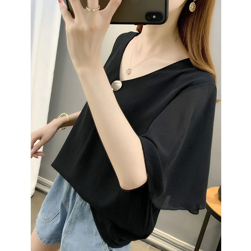 Ruffles Short Sleeve V Neck Loose Black White Fashion Korean Blouse Tops Women Summer Casual Simple Chiffon Shirts Blusas Mujer