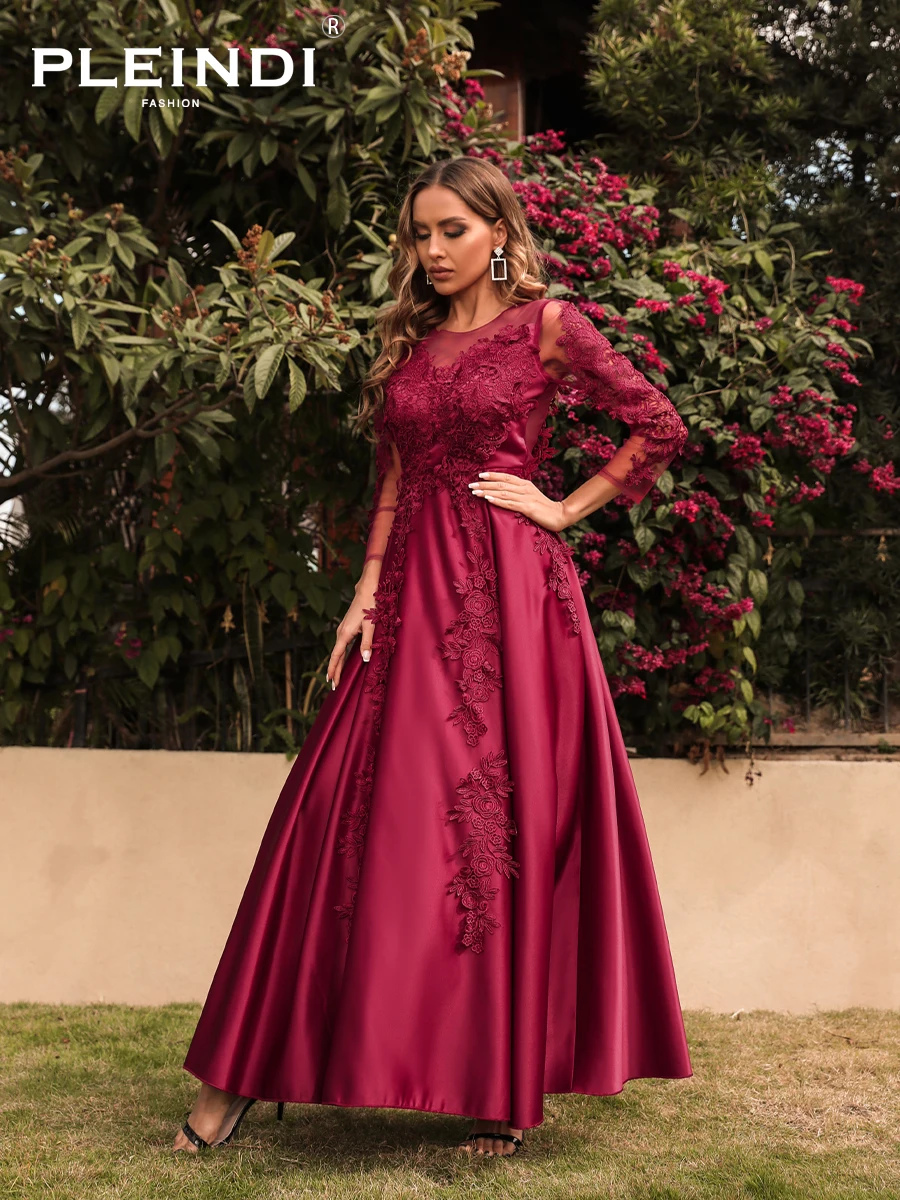 PLEINDI Vintage Evening Dresses Party Women Dress Wedding Long Sleeve O-Neck 2022 New Elegant Lace Corduroy Burgundy Red Prom