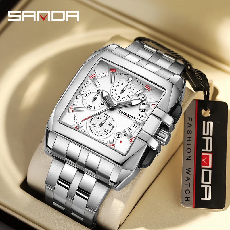 

SANDA New Quartz Men's Watch with Three Eyes and Six Needles Fashion Trend Band Calendar Men's Steel Band Square Wristwatch 5302