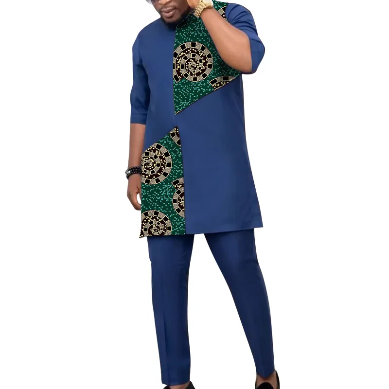 

African Patchwork T-Shirt+Solid Pant Half Sleeve Tops Dark Blue Men's Set Nigerian Fashion Wedding Outfits