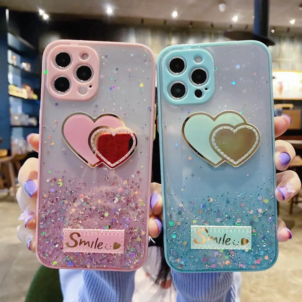 Stoßfeste Silikon-Telefonhülle für iPhone 15 14 13 12 11 Pro Plus X XR XS Max Schöne Herz-Glitzer-Abdeckung_voghion.com