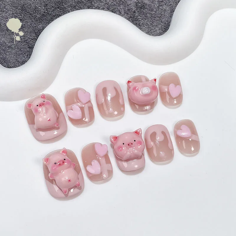 Handmade Piggy Short French Fake Nails
