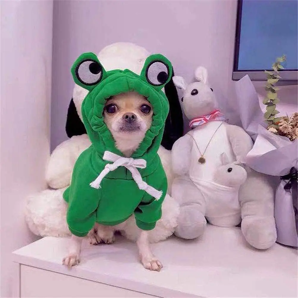 Green frog hoodie for dogs with eyes on the hood, comfortable and cute pet apparel.