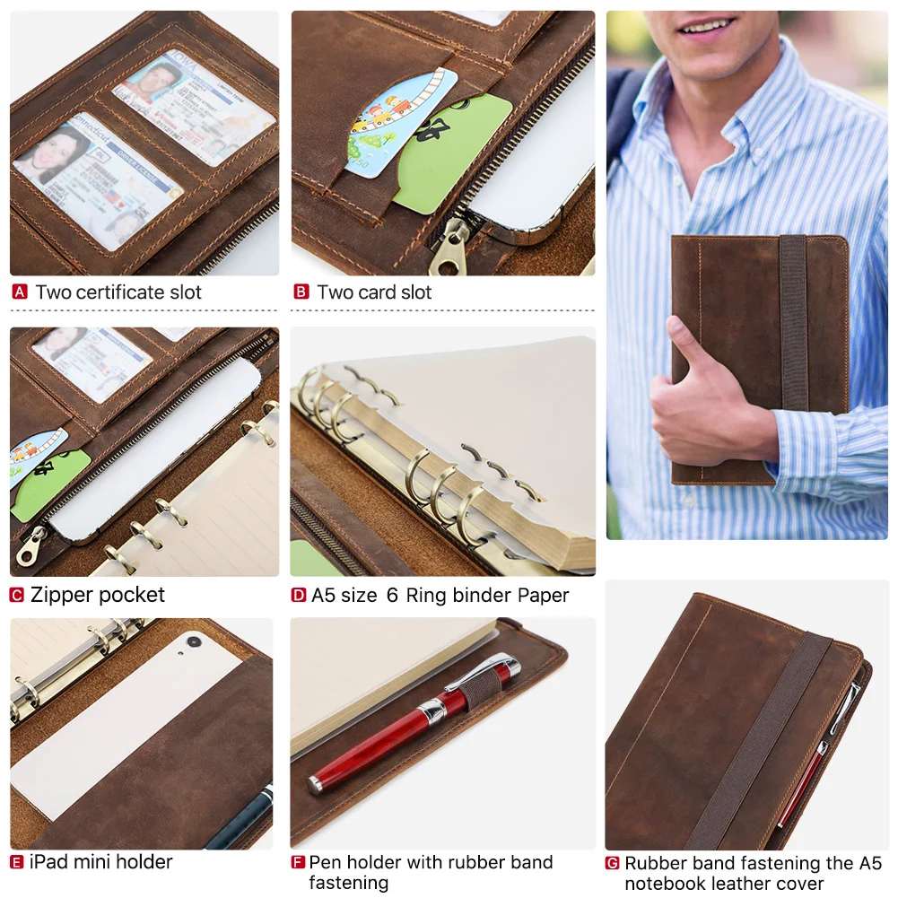 Leather Notebook Portfolio A5 with 6 Ring Binder Paper Pen Ipad Mini Holder Card Slots Travel Case