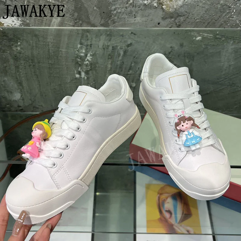 

Lovely Girl's White Leather Sneakers Thick Bottom Walk Shoes Candy Color Doll Shoes Casual Oxfords Flat Vulcanized Shoes Women