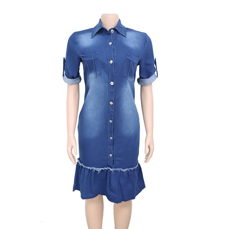 Plus Size Women Denim Dresses Fashion V Neck Bodycon Blouse Dresses 2023 Spring Jean Patchwork Outfit Party Gowns Wholesale