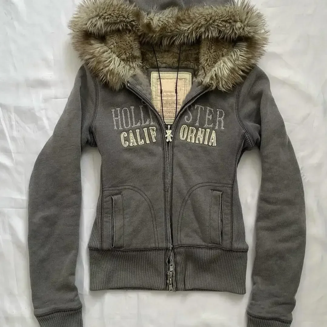 Y2K Goth Fur Collar Hooded Zipper Jacket Harajuku Letter Graphic Embroidery Slim Hoodie Autumn Winter Hot Girl Jacket Sweatshirt 3
