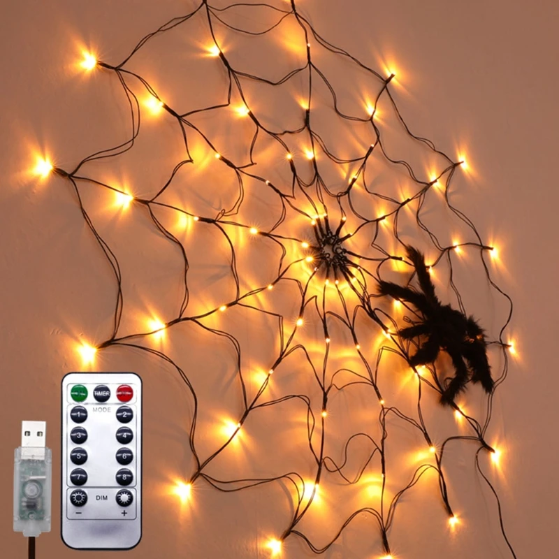 

New LED Spider Web String Lights Halloween LED Lamp Net Remote Control Light For Home Bar Haunted House Scary Props Party Decor