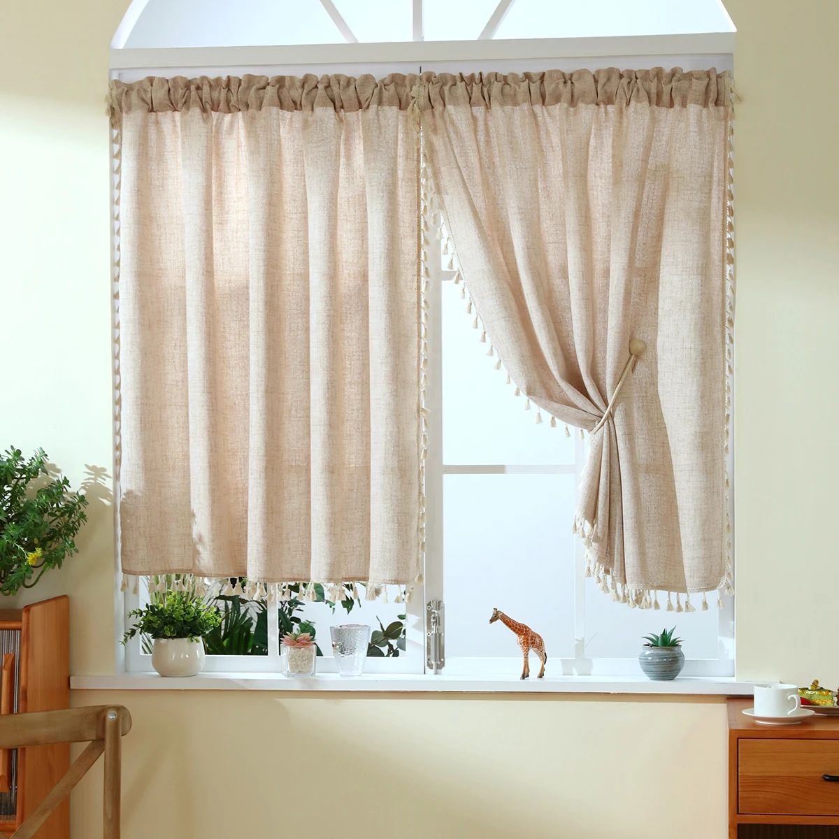 1pc Coffee Pure Color Curtain Valance Japanese Boho Style Short Curtain for the Room Window and Door Decor Rod Pocket window curtains,tie valance curtain,japanese valance decor,japanese door curtains