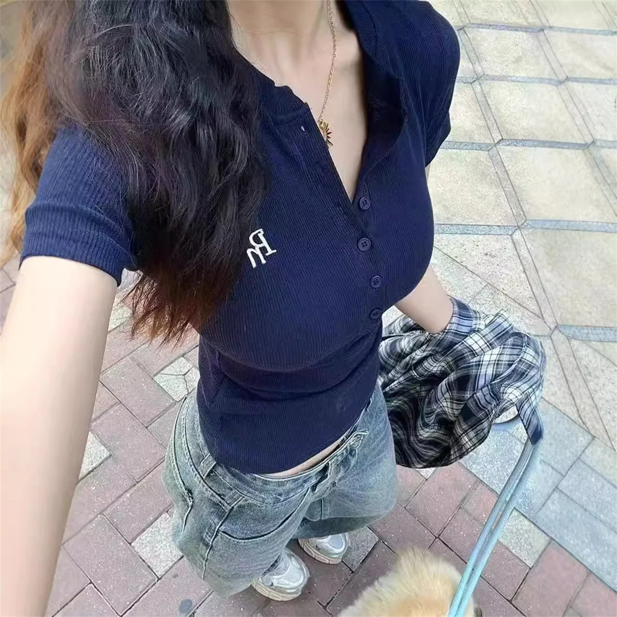 Summer Korean Women V-neck Short-sleeve T-shirt Slim Elastic Skinny Crop Tops 2025 Spring New Short Sleeve TShirt Casual Tees