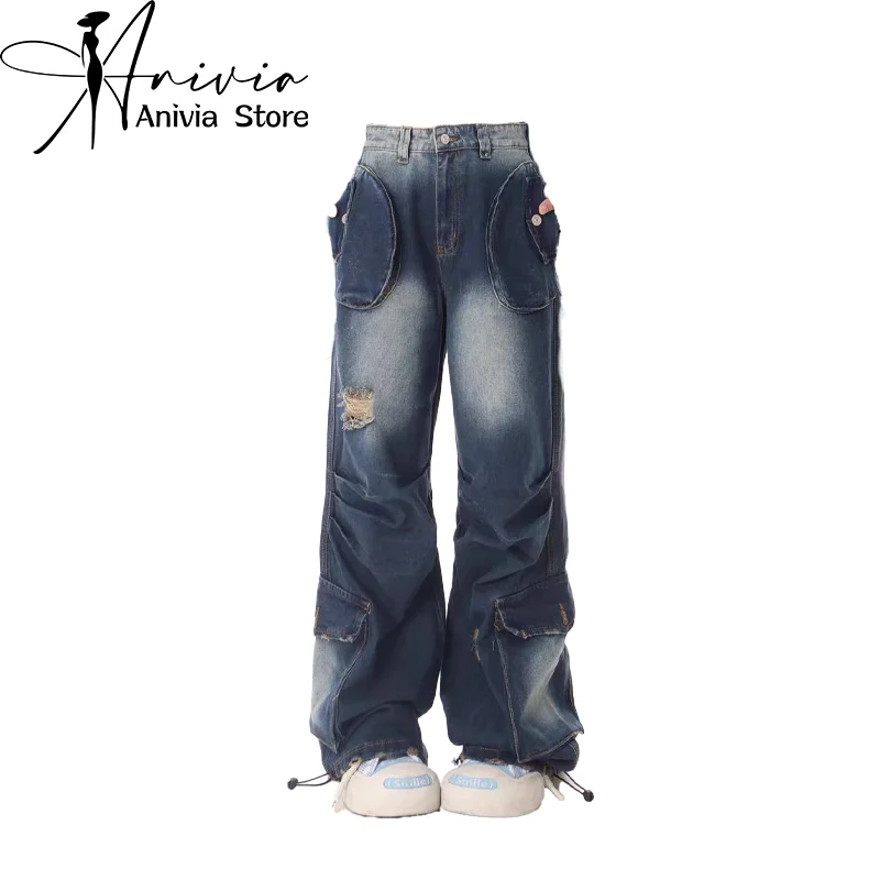 

Women's Dark Blue Baggy Ripped Jeans Vintage Cowboy Pants Harajuku Denim Trousers Y2k Punk Trashy Japanese 2000s Style Clothes