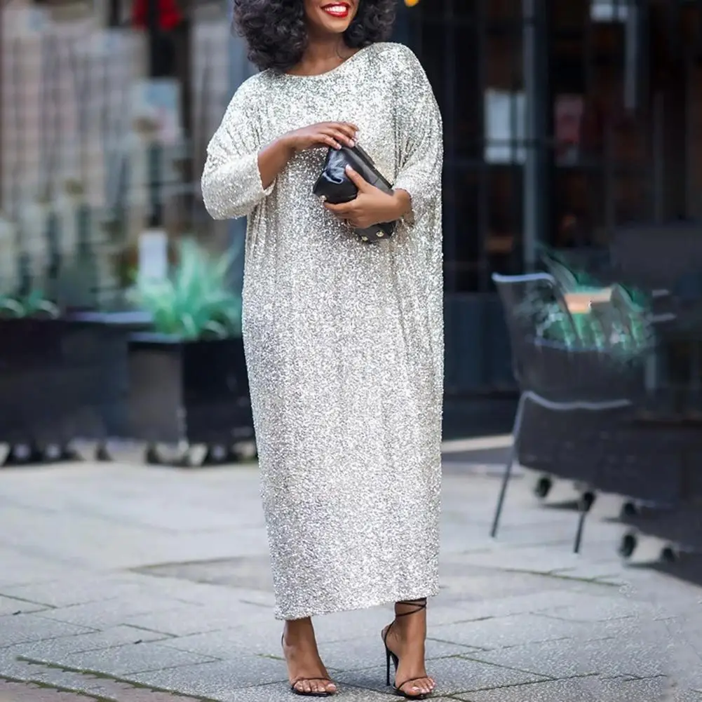 

Crew Neck Loose Fit Dress Elegant Sequin Maxi Dress with Three Quarter Sleeves Ankle Length Women's Shiny O Neck for Commute