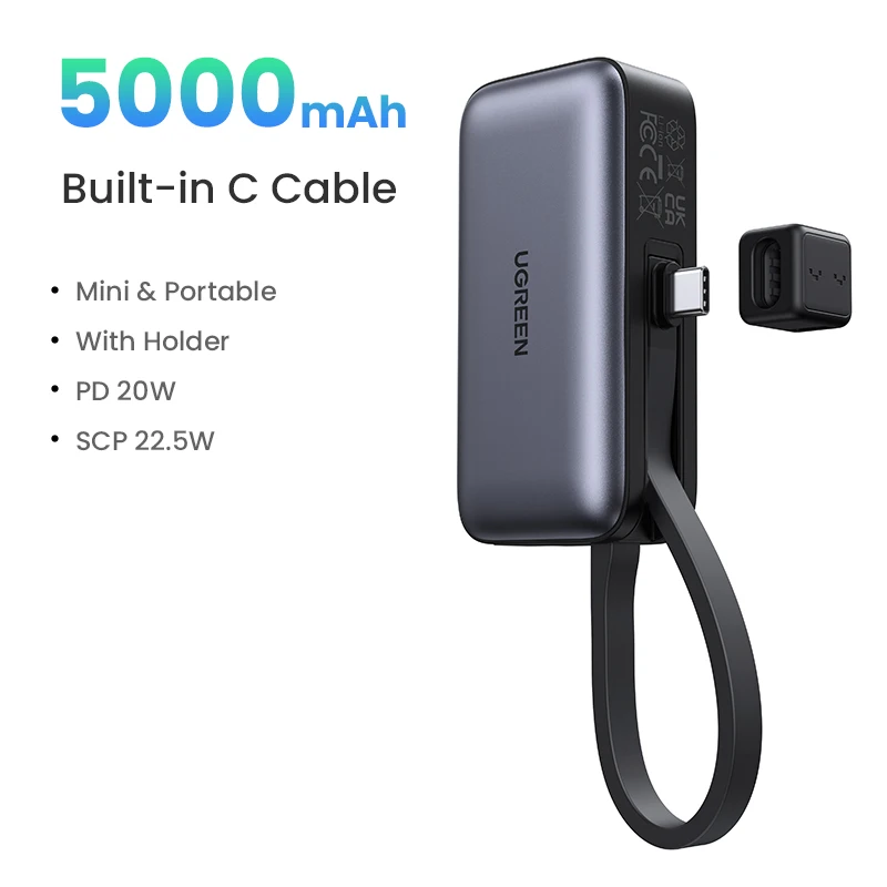thumbnail image 1 of Banco de energía portátil UGREEN con puerto tipo C y soporte, 5000 mAh, 22,5 W, carga rápida, para iPhone 15 Pro Max 14 13 12 15 Pro 20 W, 1 of 5