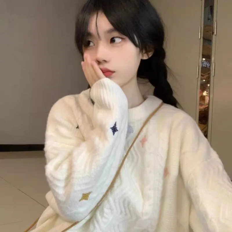 

Японский сладкий мягкий глютинообразный жареный тесто крутящийся свитер для женщин корейский О-образный вырез ленивый ретро Звезда Свободный пуловер Зимний милый свитер