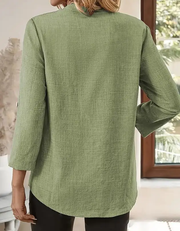 Spring and Summer New Shirts Women's Loose Large Size V-neck Solid Color Shirt Loose Top Long Sleeve Shirt