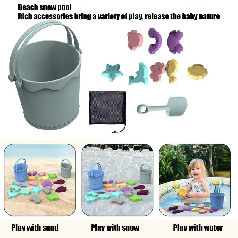 Children's Outdoor Beach Toys Fun Silicone Beach Toy Set With Portable Mesh Bag Sand Digging Tool Travel Sand Beach Toys 5