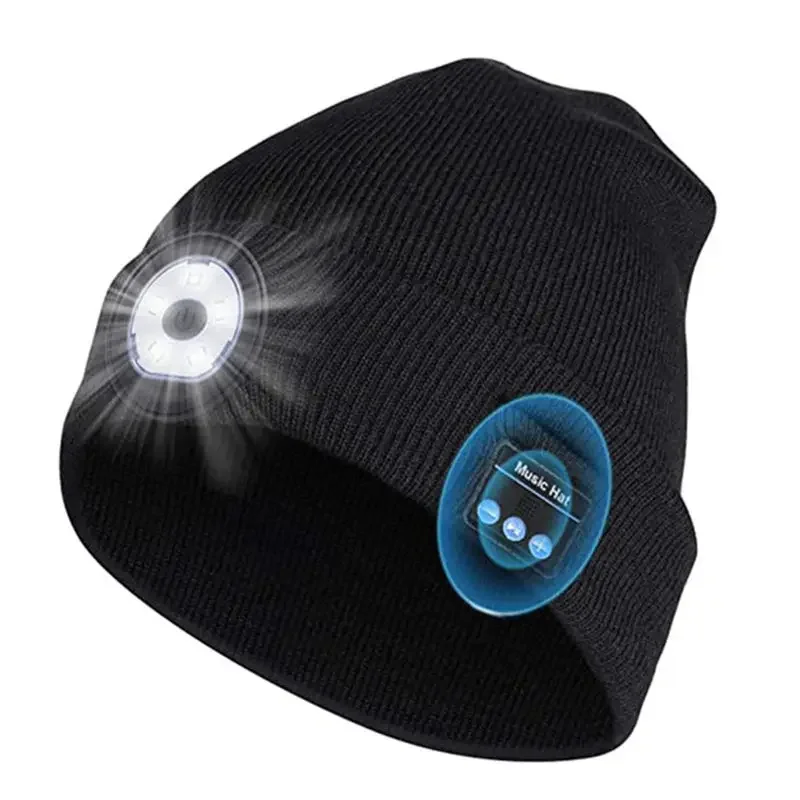 Fashion Warm Beanie Bluetooth 5.0 LED Hat Wireless Stereo Headset Music Player With MIC Support Dimming LED Light Rechargeable