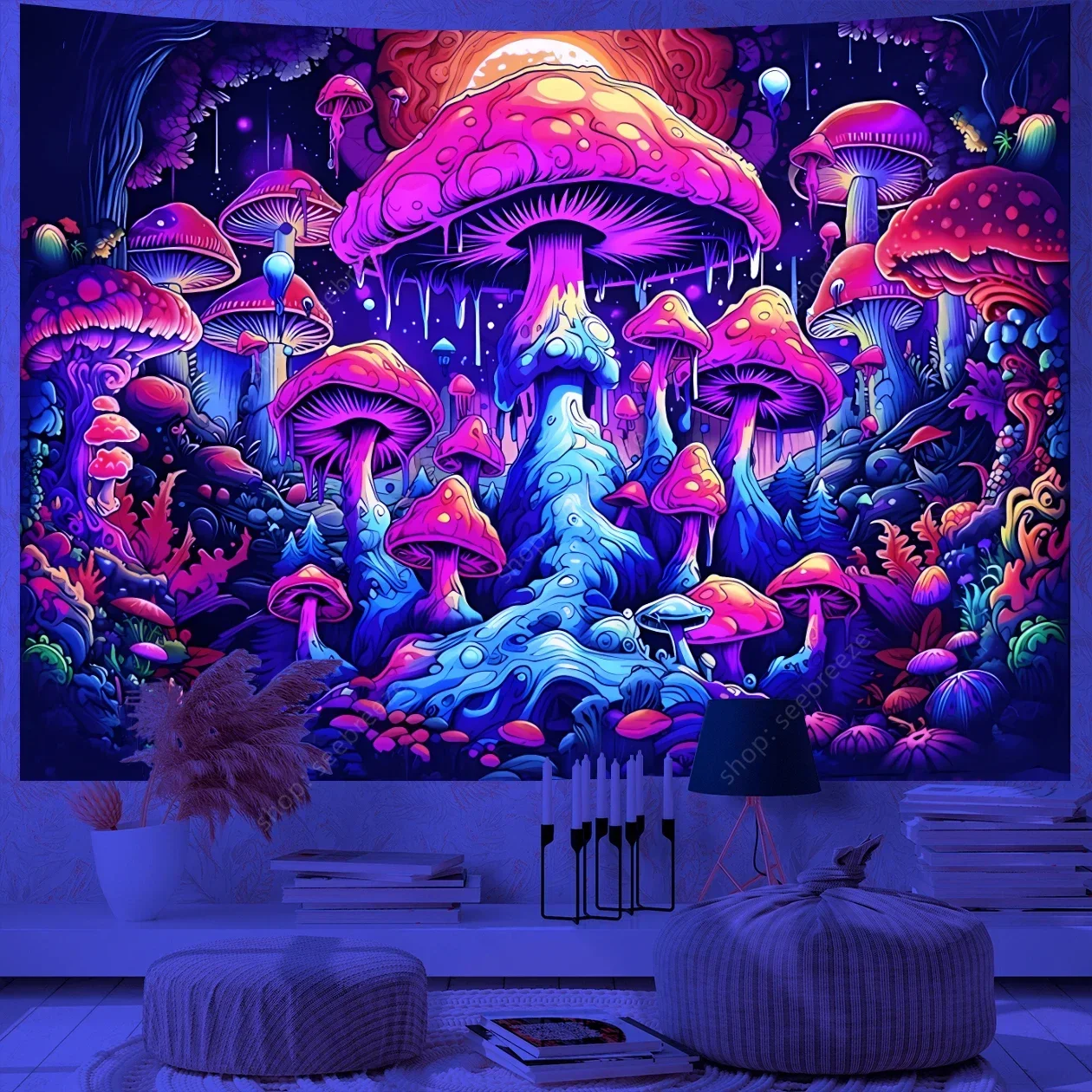 Tapestry Decor Fantasy Mushroom UV Reactive Floral Wall Hanging