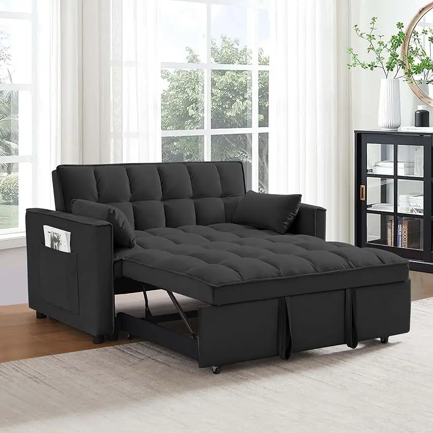 3 in 1 Sleeper Loveseat Convertible, 55'' 2-Seater Velvet Sofa Bed with Throw Pillows, Perfect for Living Room and Office