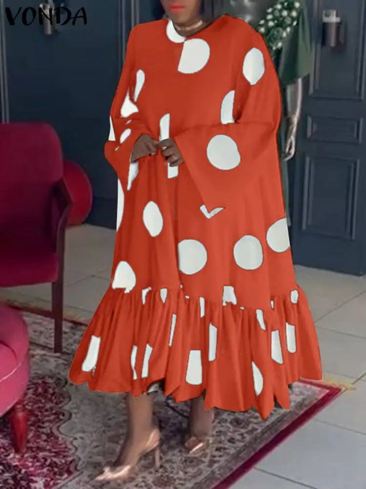

VONDA Elegant Office Dress Women Sexy Polka Dot Printed Dress 2023 Casual Long Sleeve Party Sundress Vintage Ruffled Vestidos