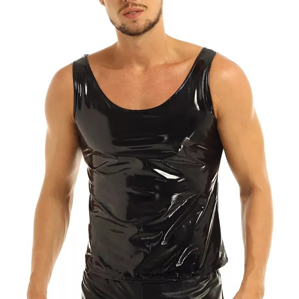 

Men Sexy Glossy Wet Look PVC Patent Leather Undershirt Tank Tops Vest Sleeveless T-Shirt Erotic Shaping Shirt Clubwear Clothes