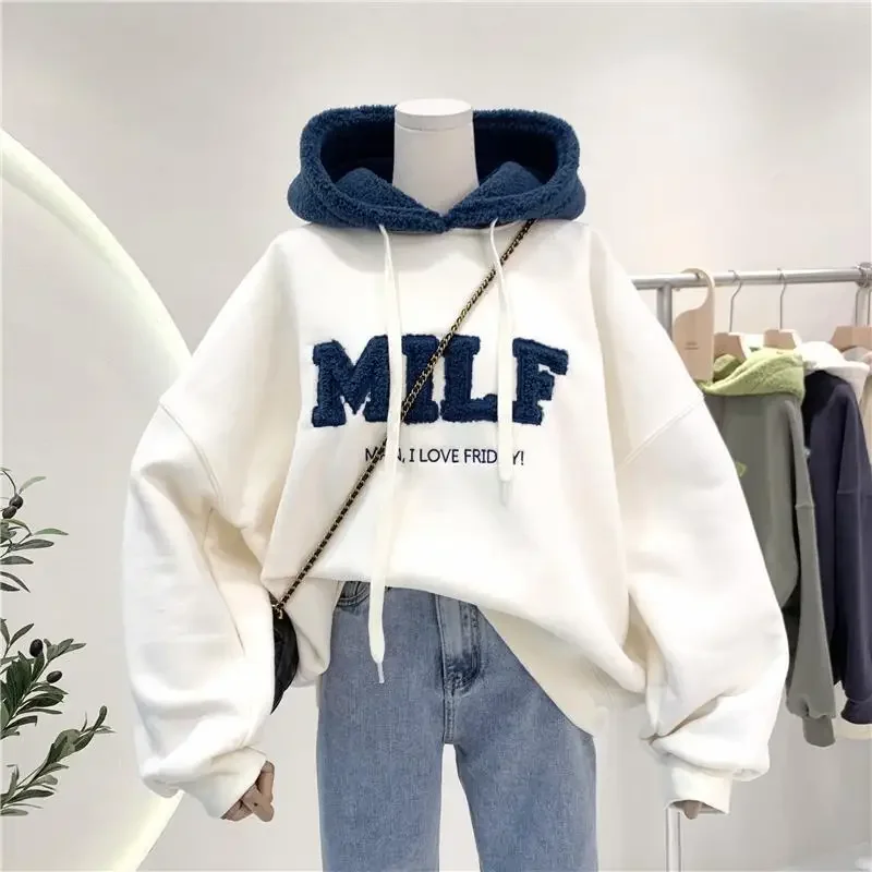 Letter Embroidered Sweatshirt Patchwork Oversize Women Winter Casual Loose Cotton Thick Plus Velvet Long Sleeve Green Hoodies