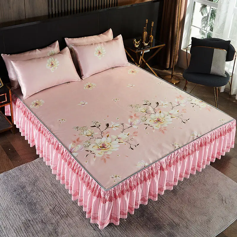 

Summer Queen Cool Bed Skirt Pillow Cover Flower Style Bed Sheet 180x220 Lace Sheet with Non slip Strap