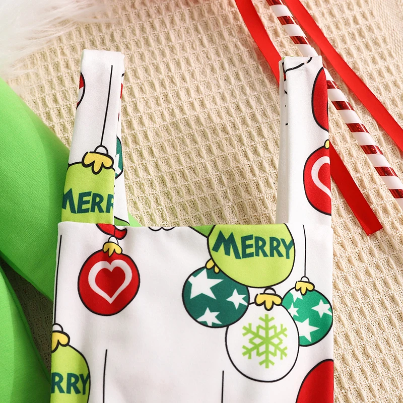 여아  의류 세트, 플라잉 슬리브 롬퍼, 크리스마스 볼 프린트, 서스펜더 스커트, 머리띠, 크리스마스 의상, 3 개