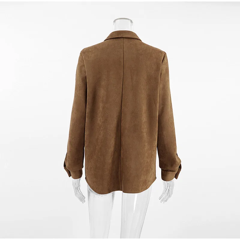 Casual Suede Long Sleeve Jackets Women Autumn Loose Brown Lapel Coat Top With Pockets Female Elegant Chic Street New in Outwear