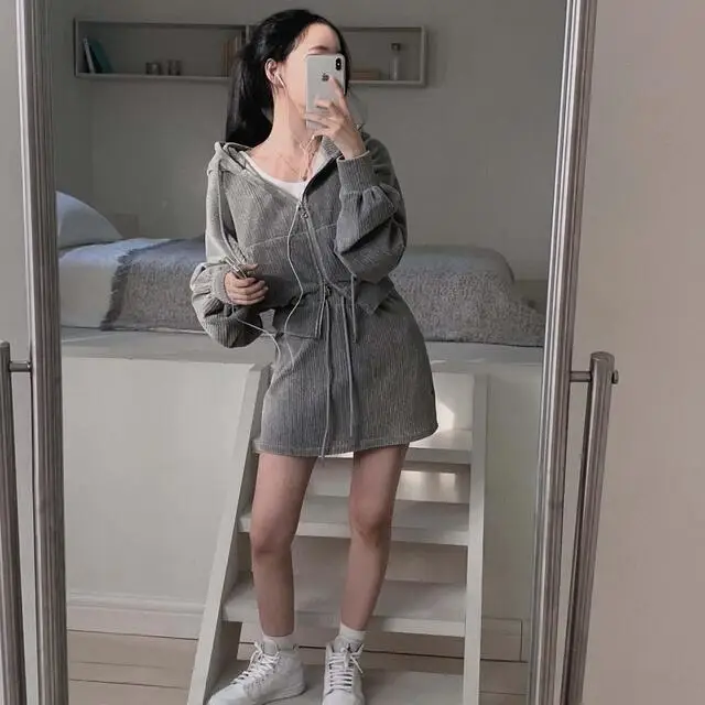 Korean CHic Corduroy Two-piece Skirt Sets Women Hoodie Crop Top Coats Bodycon Mini Skirt Autumn Winter New Outfits Casual Suit