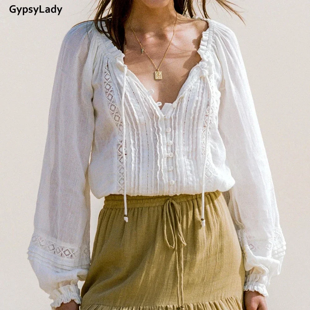 

GypsyLady White Chic Vintage Blouse Shirt 100% Cotton Spring Long Lantern Sleeve V-neck Sheer Sexy Blouse Women Top Shirt