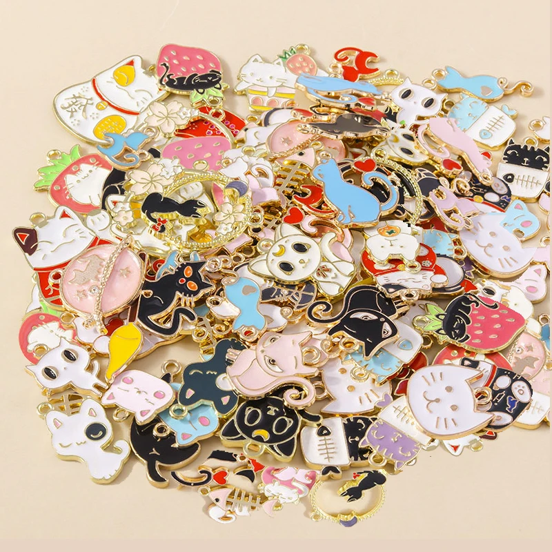 Mixed 5/20pcs Cute Enamel Cat Charms Cartoon Animal Cats Pendants for DIY Earring Necklace Jewelry Making Accessories