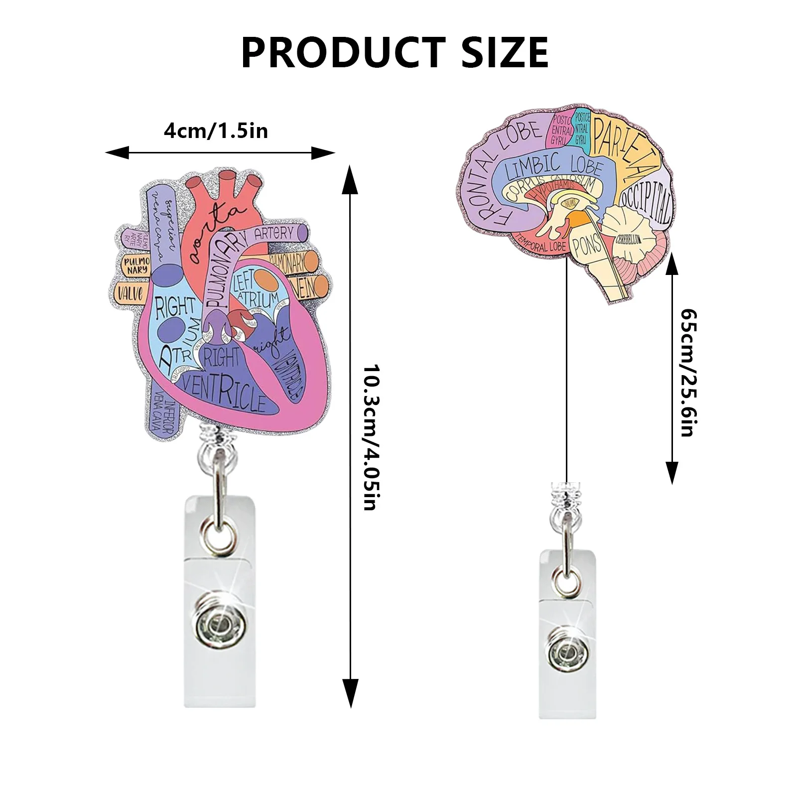 Medical Heart Lung Brain Acrylic Glitter Retractable Badge Reel Rotating Crocodile Clip ID Badge Holder for Doctor Nurse 3