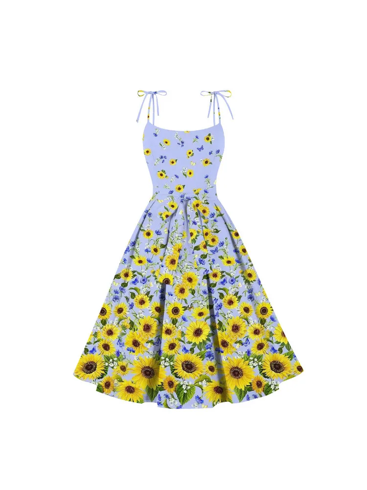 

2024 New Sunflower Floral Print Cute Summer Vacation Beach Dress Women‘s’ Bow Front Spaghetti Strap Shirred Back Vintage Dresses