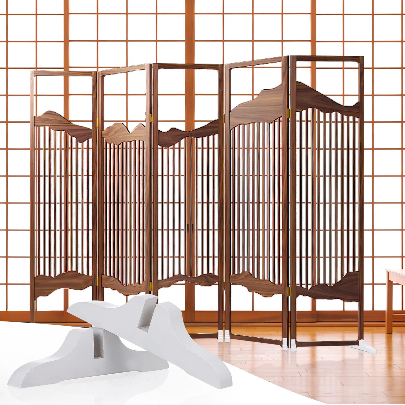 Base de séparation de pièce en bois, 2 pièces: support en bois robuste pour panneaux d'écran pliants, cloison lisse au Design Vintage pour le bureau et la maison