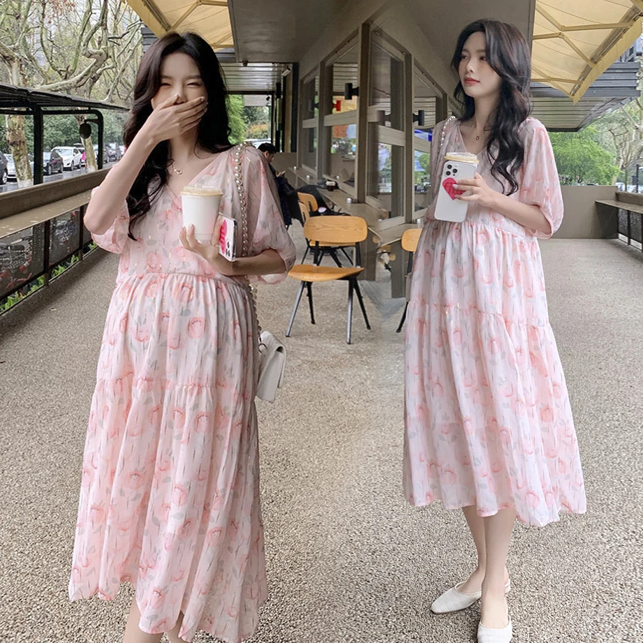 Summer Fashion Pregnant Women Clothes High Waist Chiffon Beach Dress Long Loose Pregnancy Floral Maternity Photography Dresses